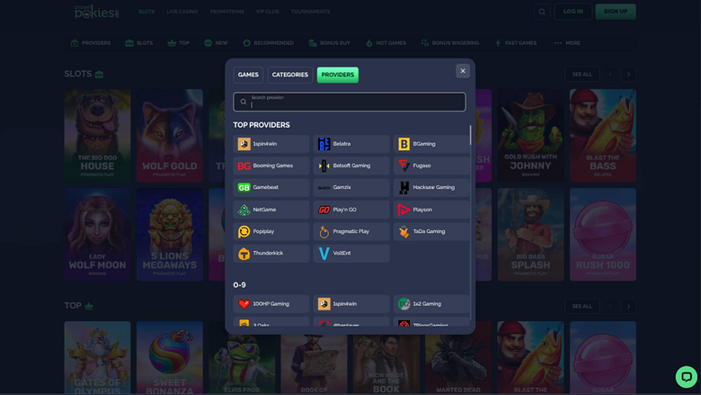 Screenshot della pagina dei fornitori del casinò CrownPokies
