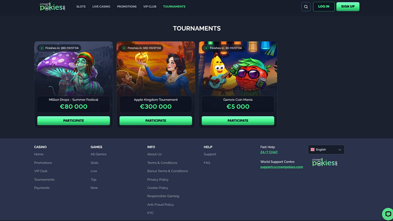 Screenshot della pagina dei tornei del casinò CrownPokies