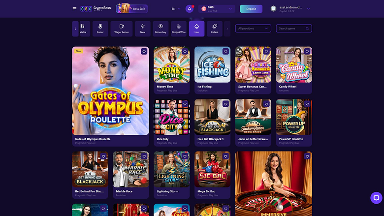 Изображение рабочего стола Cryptoboss Casino с живым дилером