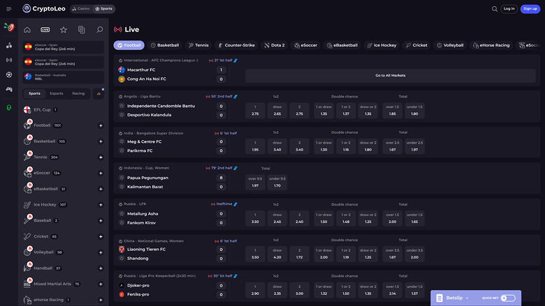 Sports en direct de CryptoLeo Casino sur ordinateur