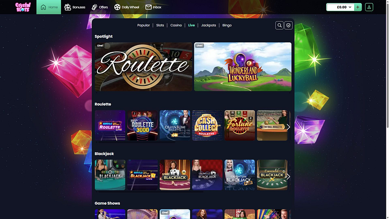 Crystal Slots: изображение рабочего стола, игра с живым дилером