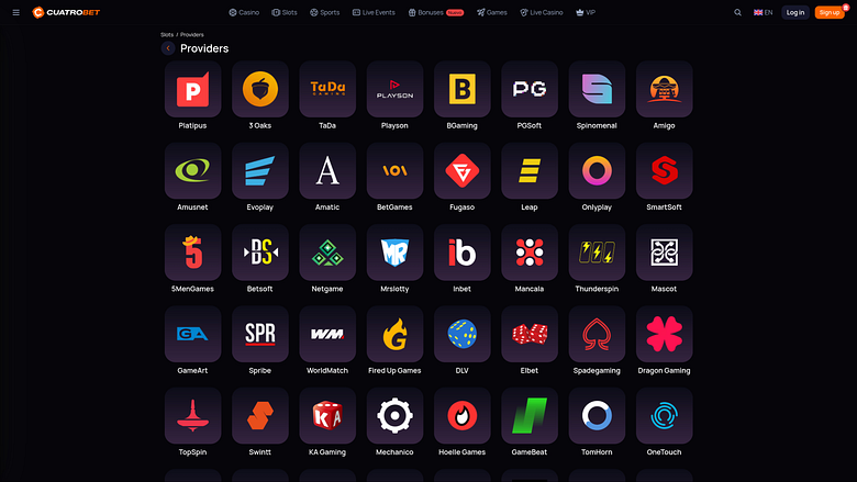 Página de desarrolladores de juegos de CuatroBet Casino