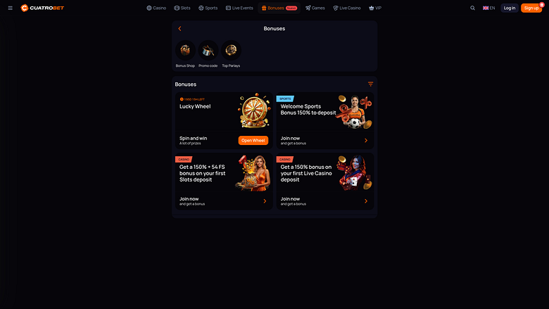CuatroBet Casino promotions page