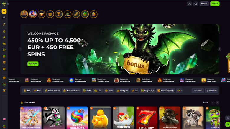 Captura de pantalla de la página principal del casino Drakaris