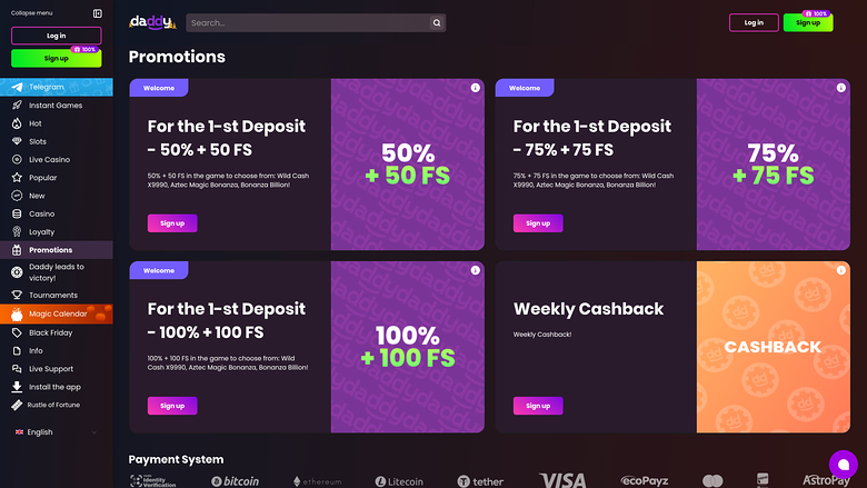 Promotions du Daddy Casino Version de bureau