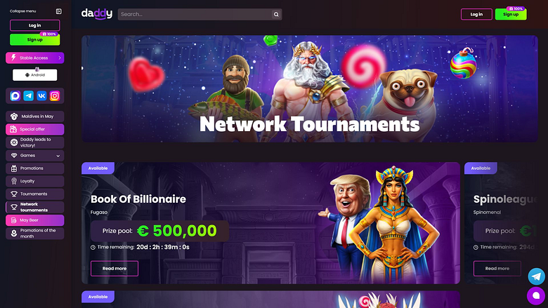 Турниры Daddy Casino для настольных компьютеров