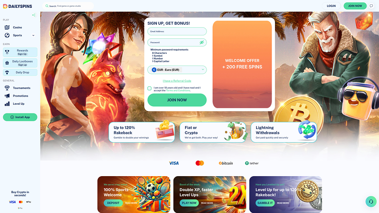 Página de inicio de DailySpins Casino Versión de escritorio