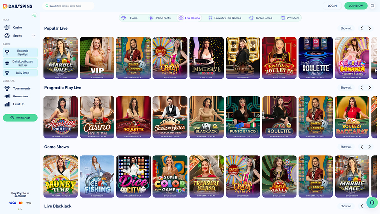 Crupier en vivo de DailySpins Casino Versión de escritorio