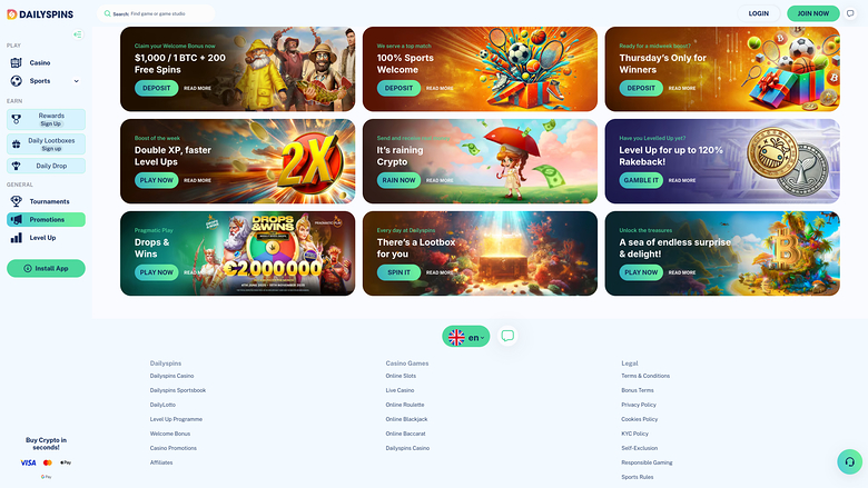 Promociones de DailySpins Casino Versión de escritorio