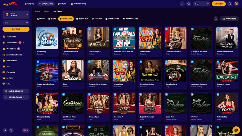 Dazard Casino: изображение рабочего стола дилер в режиме реального времени
