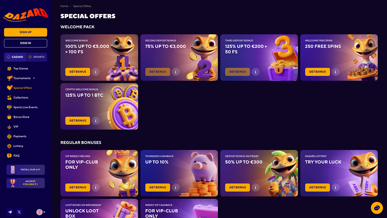 Promotions du Dazard Casino Version de bureau