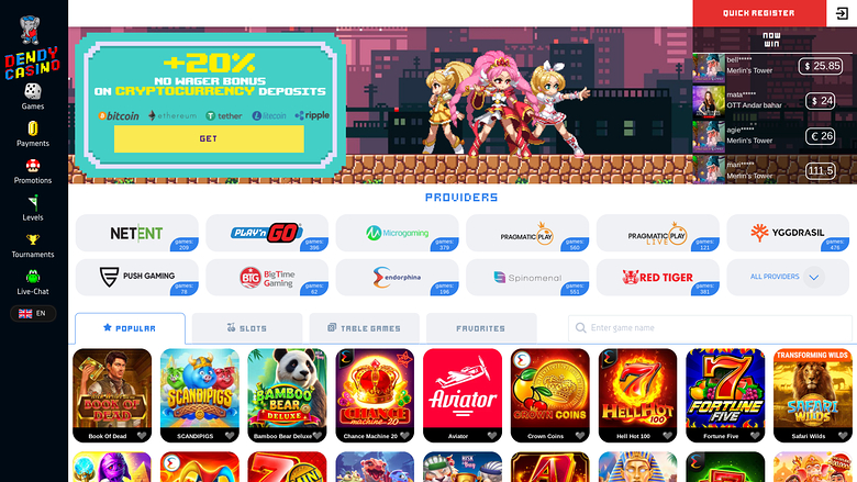 Page d’accueil du Dendy Casino Version de bureau