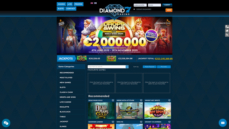 Page d’accueil du casino Diamond7 Ordinateur de bureau