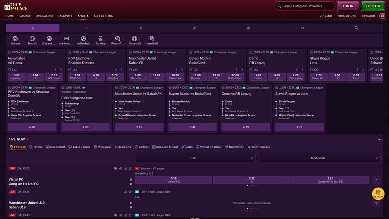 Pagina sportiva del casinò DicePalace