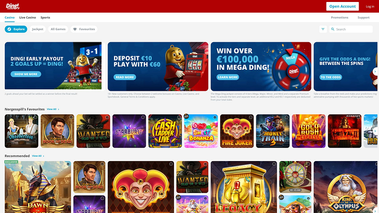 Главная страница изображения Ding Casino для рабочего стола