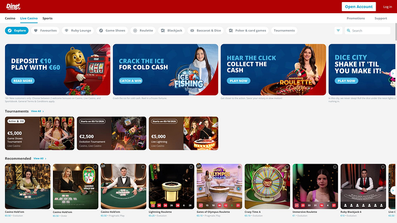Ding Casino: изображение рабочего стола, дилер в режиме реального времени