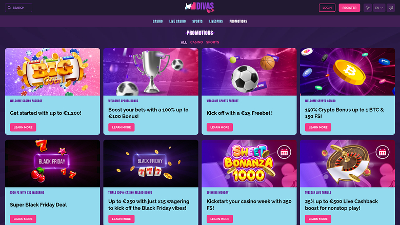 Акции казино Divas Luck для настольных компьютеров