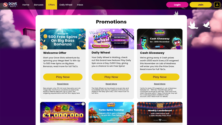 Promociones de Dove Slots Casino Escritorio