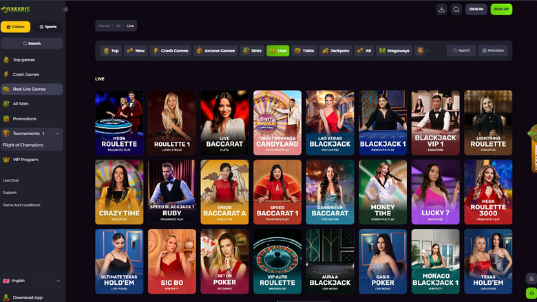 Captura de pantalla de la página de juegos en vivo del casino Drakaris.