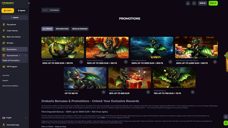 Captura de pantalla de la página de promociones de Drakaris Casino