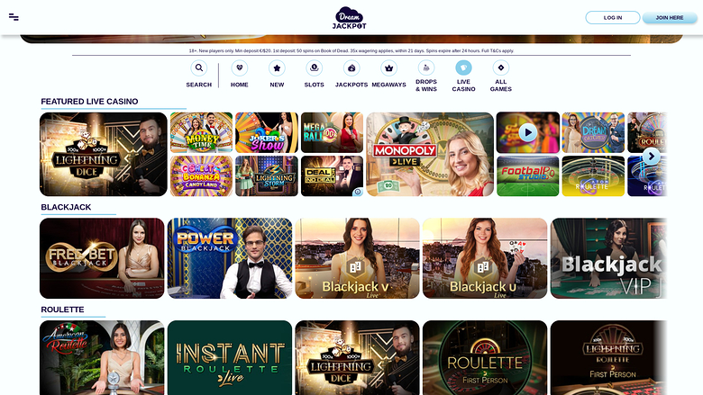 Casino Dream Jackpot avec croupier en direct Desktop