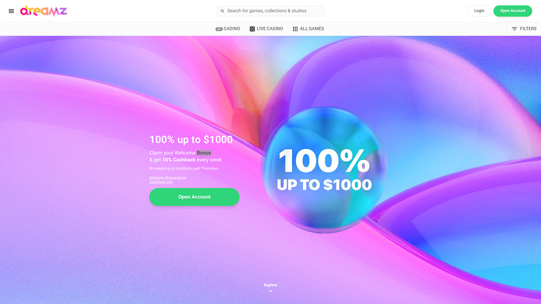 Page d'accueil du casino Dreamz (version ordinateur)