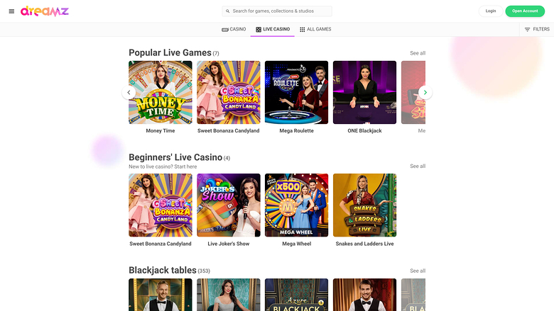 Dreamz Casino avec croupier en direct sur ordinateur