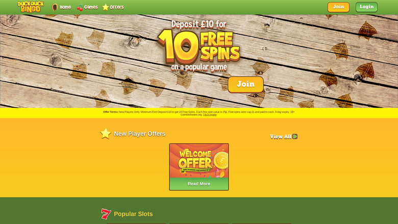 Page d'accueil de Duck Duck Bingo (version ordinateur)