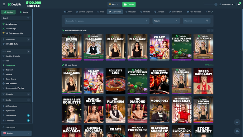 Duelbits Casino avec croupier en direct sur ordinateur