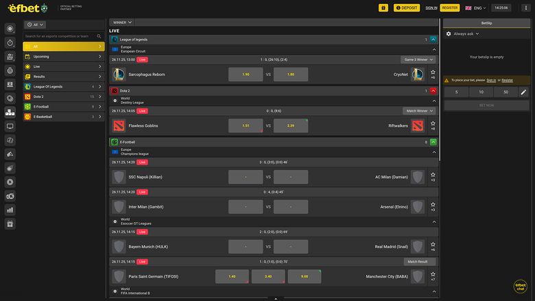 Efbet Live-Sport-Desktop
