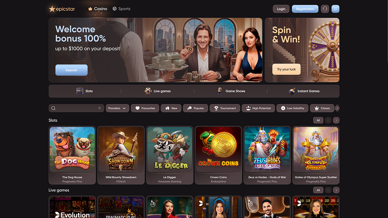 Page d'accueil d'Epicstar Casino sur ordinateur