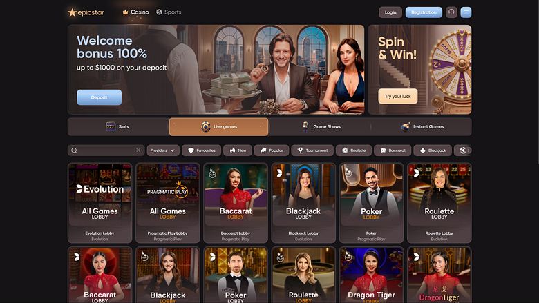Epicstar Casino sur ordinateur avec croupier en direct