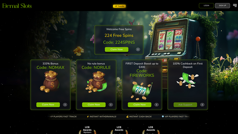Page d'accueil du casino Eternal Slots version ordinateur