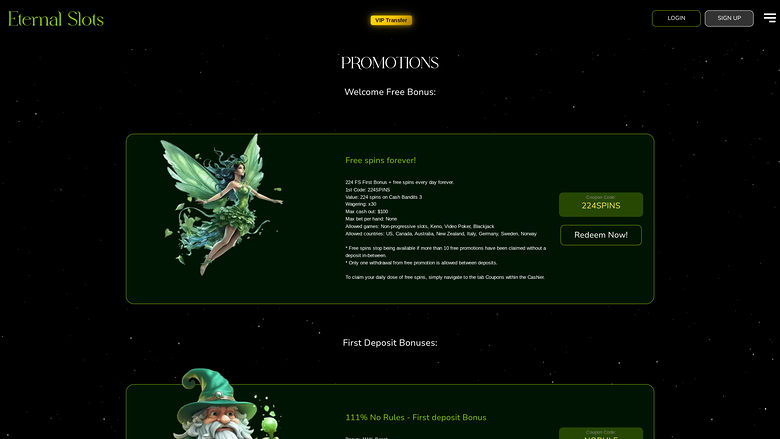 Promotions du casino Eternal Slots version ordinateur