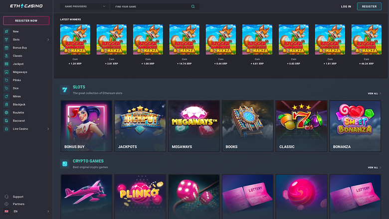 Page d'accueil du casino ETH version ordinateur