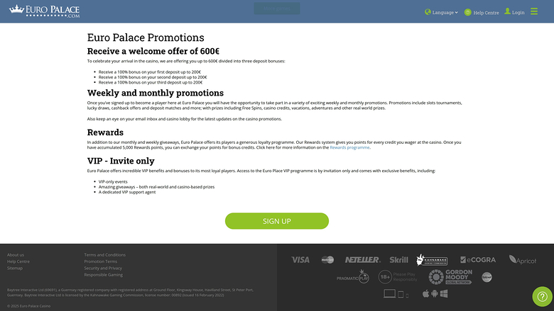 Promotions du casino Euro Palace (version bureau)