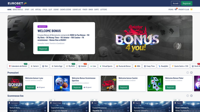 Página inicial do Eurobet Casino (versão para computador)