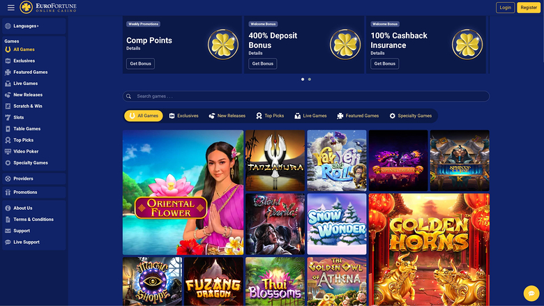 Página de inicio del casino EuroFortune para escritorio