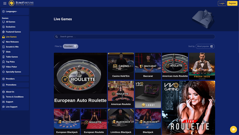Casino EuroFortune con crupier en vivo para escritorio