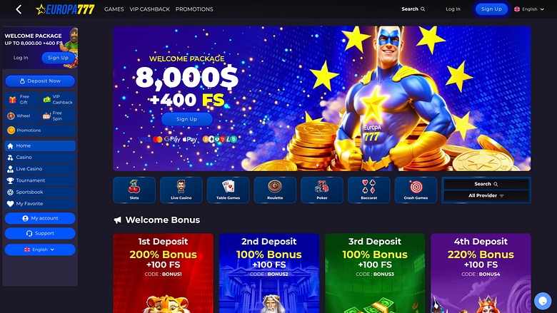 Screenshot der Startseite des Europa777 Casinos