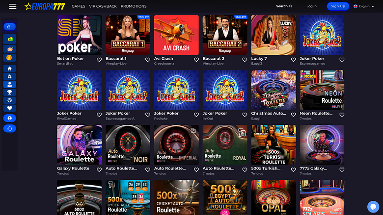 Screenshot der Live-Spiele-Seite des Europa777 Casinos