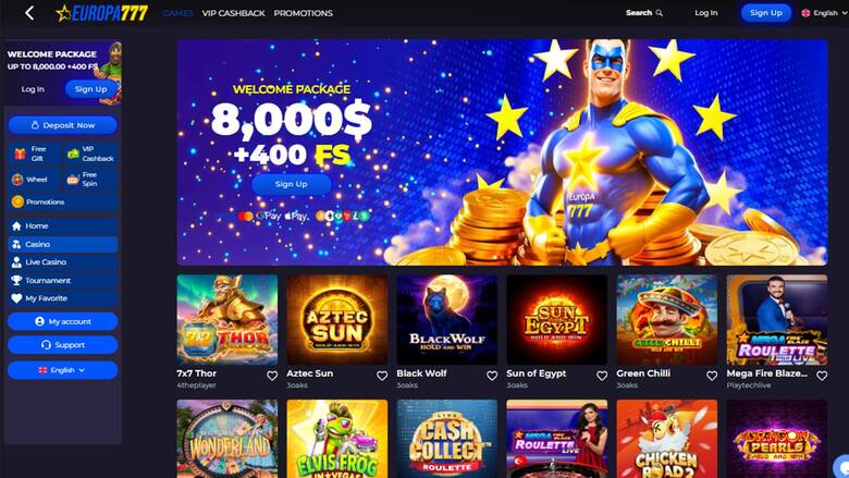 Скриншот страницы игр казино Europa777