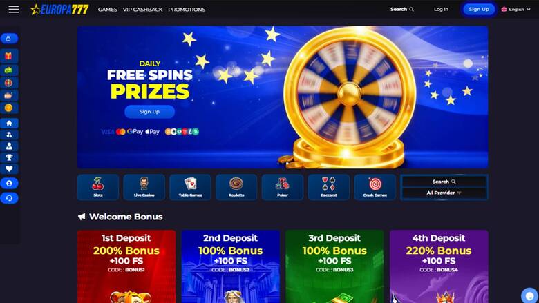 Скриншот главной страницы казино Europa777