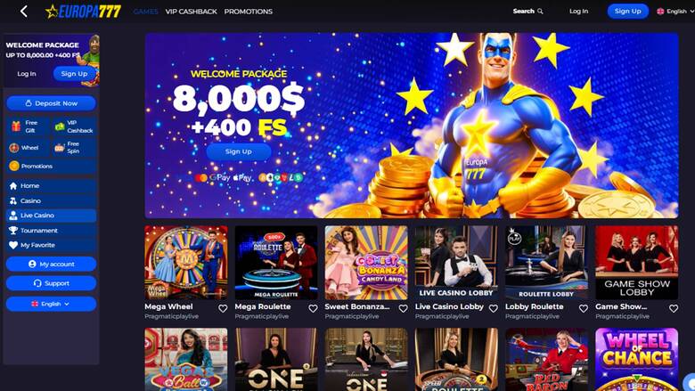 Скриншот страницы игр с живыми дилерами в казино Europa777