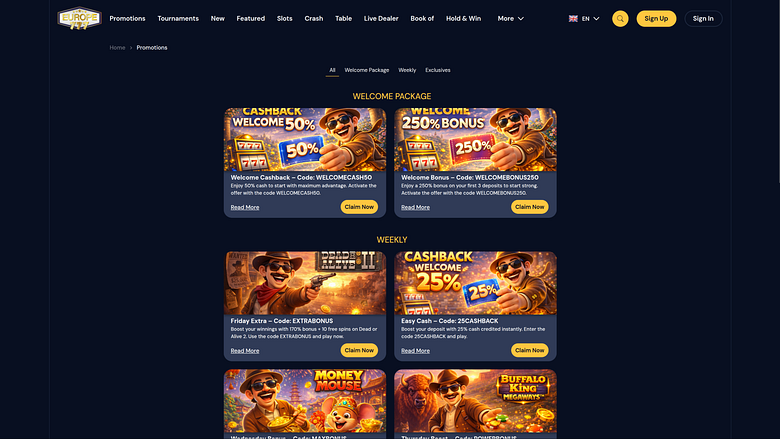 Promotions du casino Europe 777 sur ordinateur
