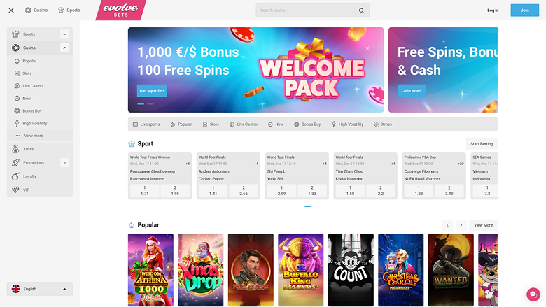 Homepage desktop di Evolve Casino