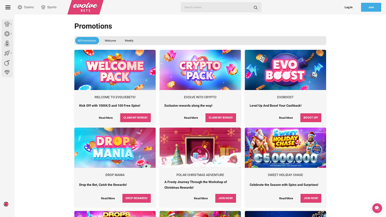 Promozioni desktop di Evolve Casino