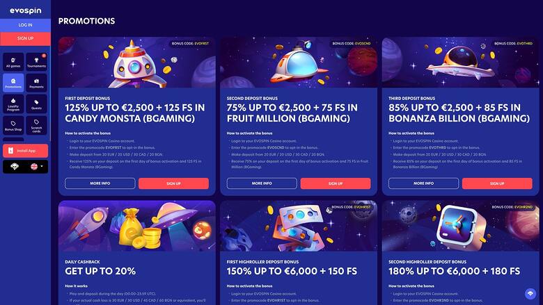 EvoSpin Casino Promociones Escritorio