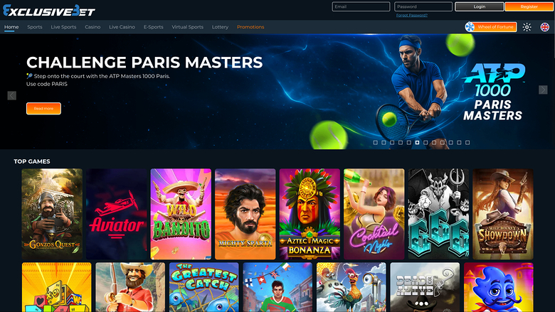 Page d’accueil de Exclusive Bet Casino sur ordinateur