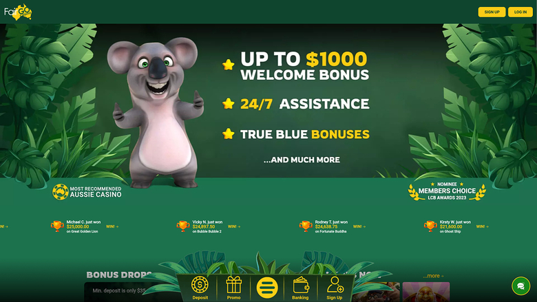 Page d’accueil du Fair Go Casino sur ordinateur